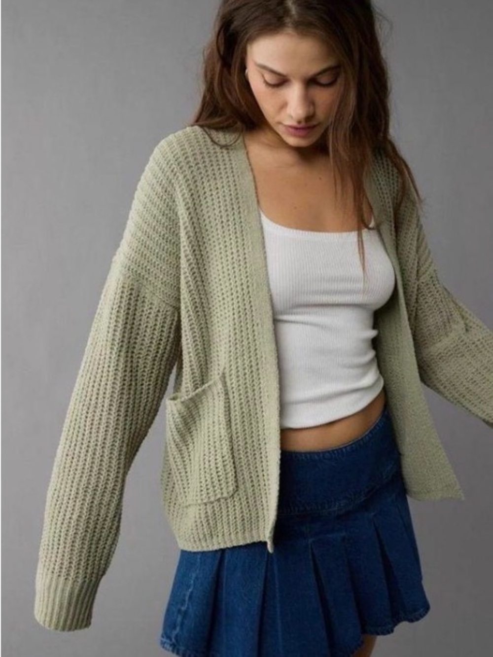 American Eagle Outfitters Light Sage Open-Front Knit Cardigan